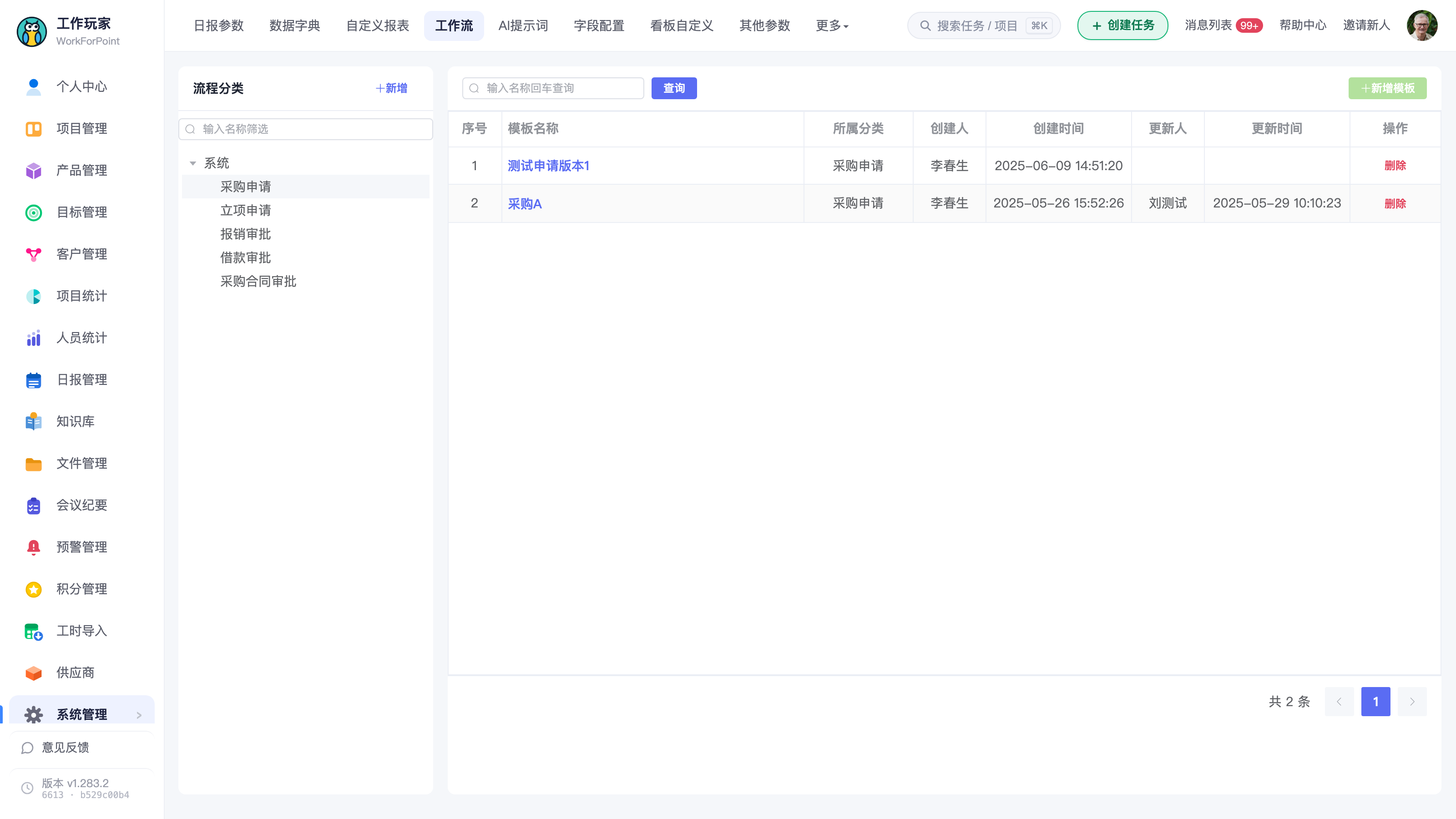 系统参数下的「工作流」页签:左侧是流程分类树,右侧是流程模板列表,右上角「+ 新增模板」(图中演示企业尚未建任何流程模板)